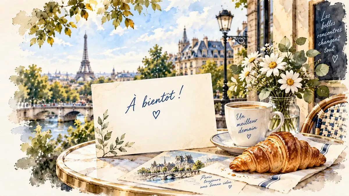 Aquarell einer Pariser Caféterrasse mit Croissant, Kaffee und Blumen