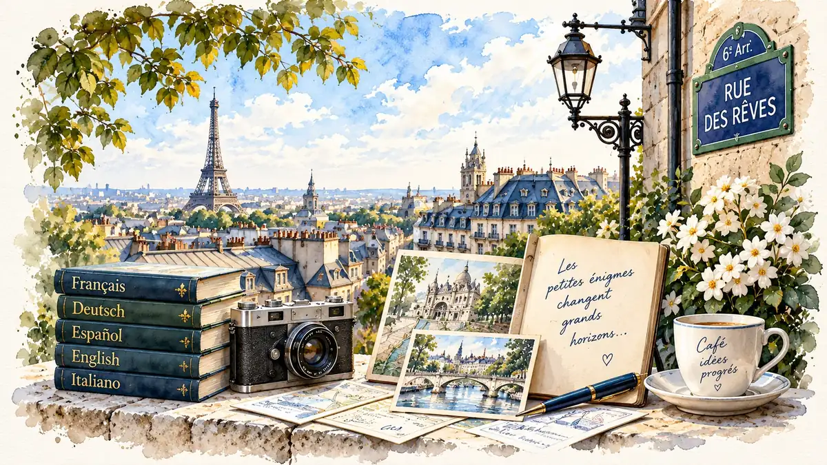 Aquarellansicht von Paris mit Eiffelturm, Büchern, Kamera, Notizbuch und Café-Szene