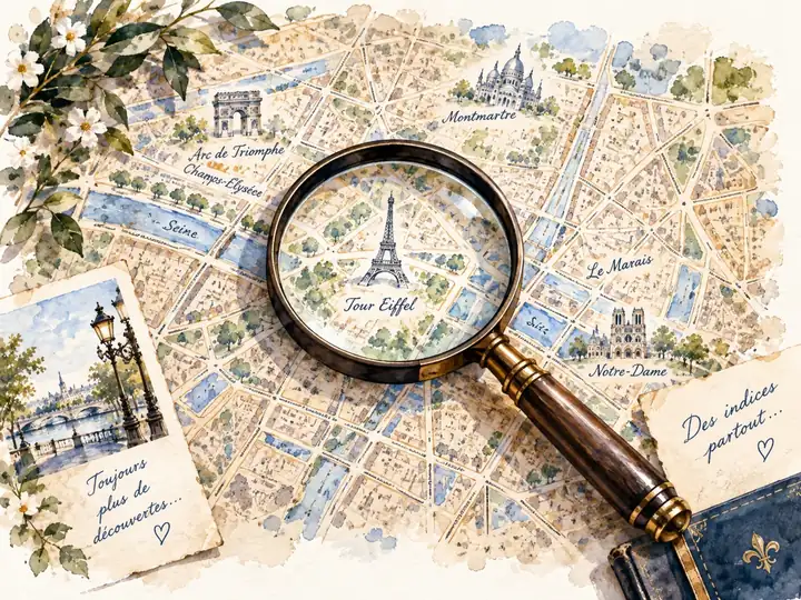 Aquarell einer Paris-Karte mit Lupe